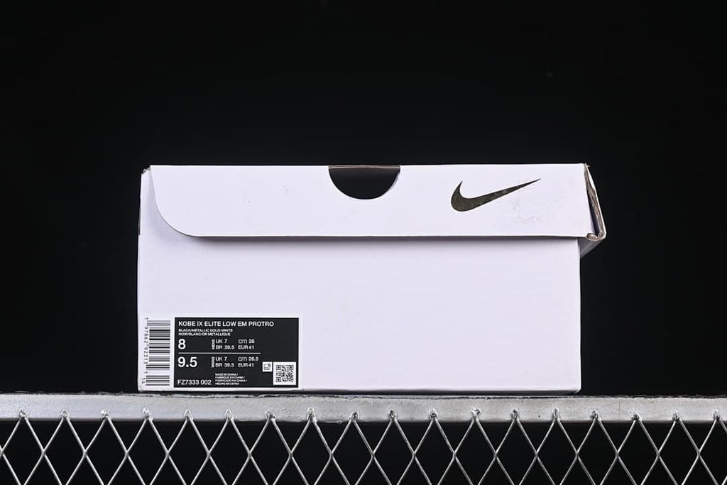 Shoe box label identifying Kobe IX Elite Low EM Protro, size US 8, and style FZ7333-002