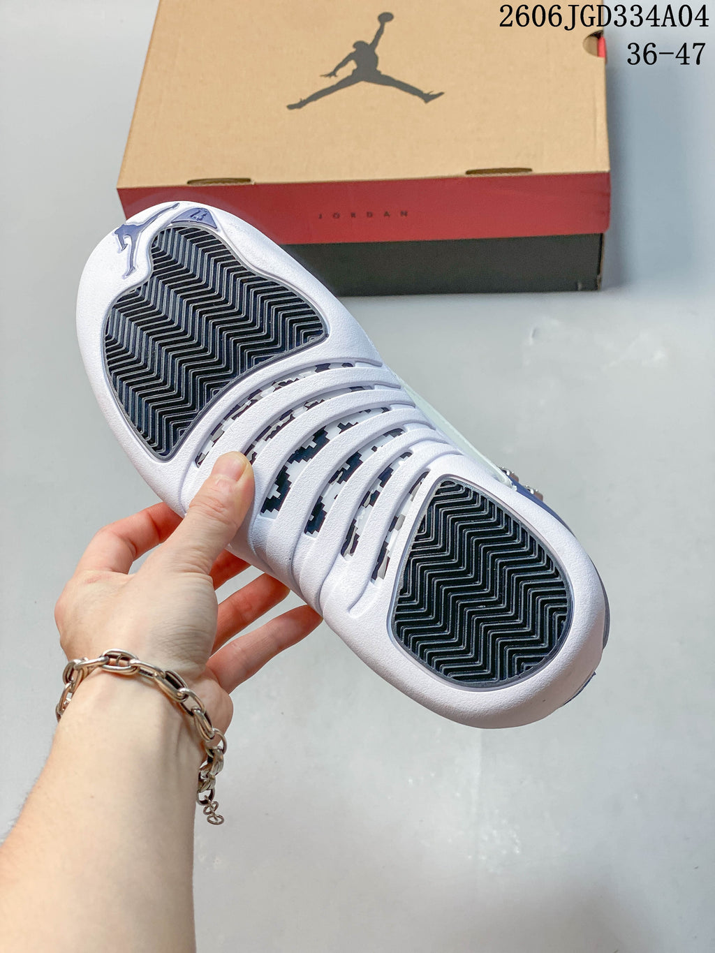 Underside of a Jordan Air Jordan 12 shoe showing its patterned outsole