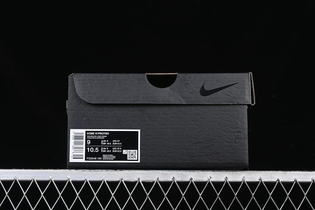 Shoe box label identifies Kobe VI Protro, style FQ3546 100, and pictured sizes