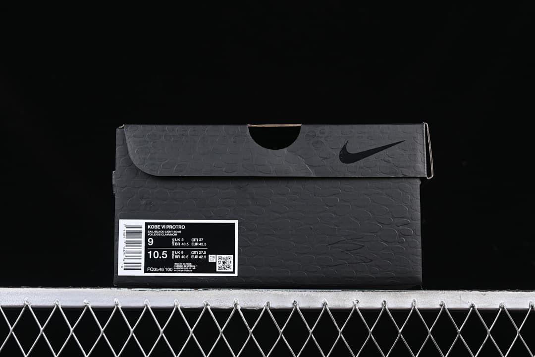 Shoe box label identifies Kobe VI Protro, style FQ3546 100, and pictured sizes