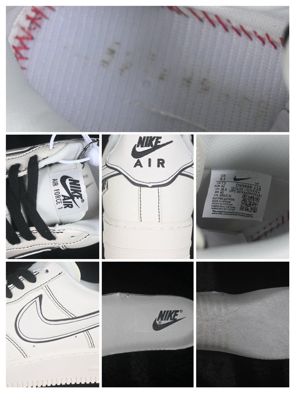 Detail collage showing the tongue, heel, Swoosh, outsole, interior label and stitching; the interior label shows EU 42.