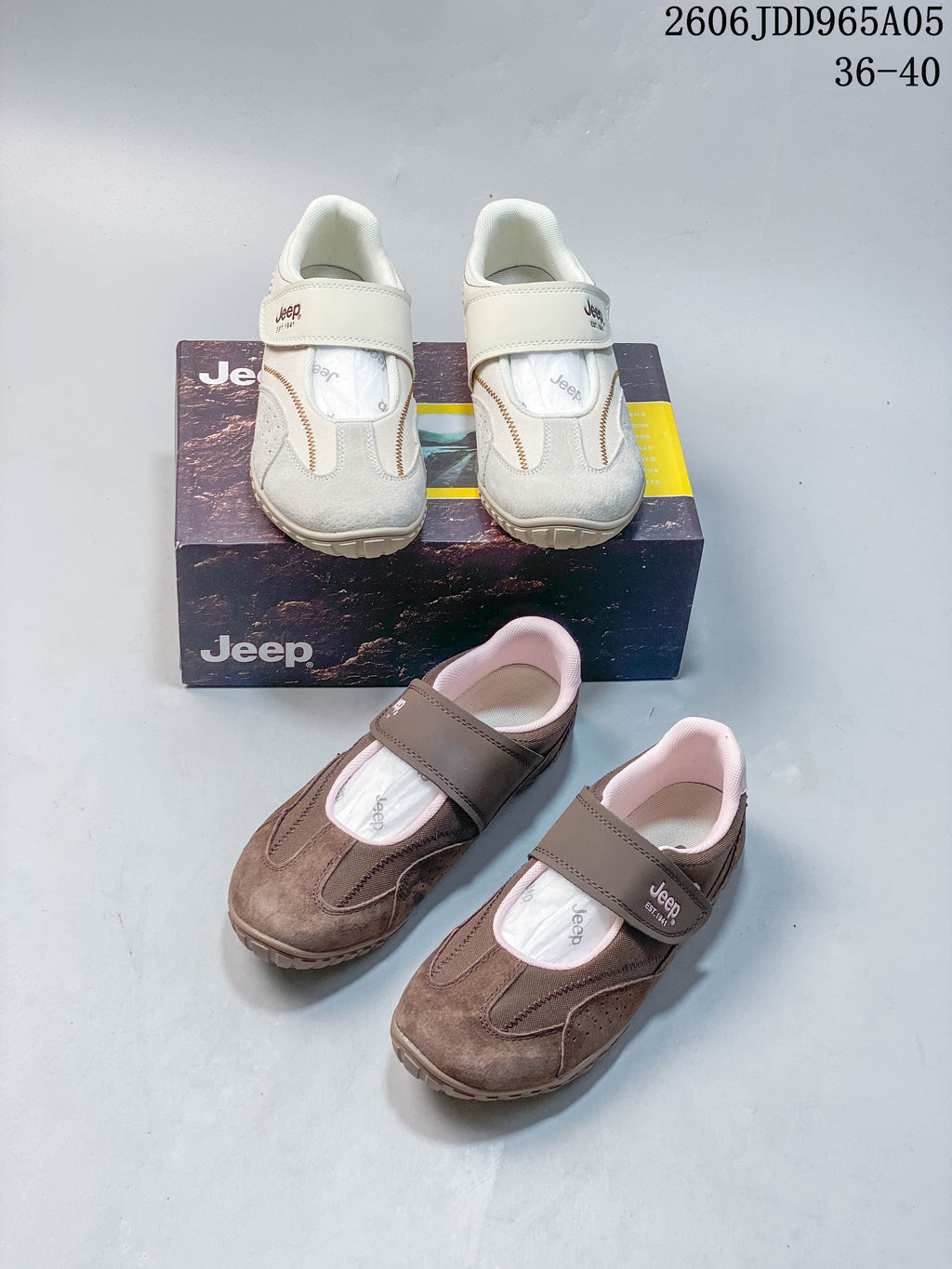 Light beige and taupe Jeep casual shoes shown together from above.