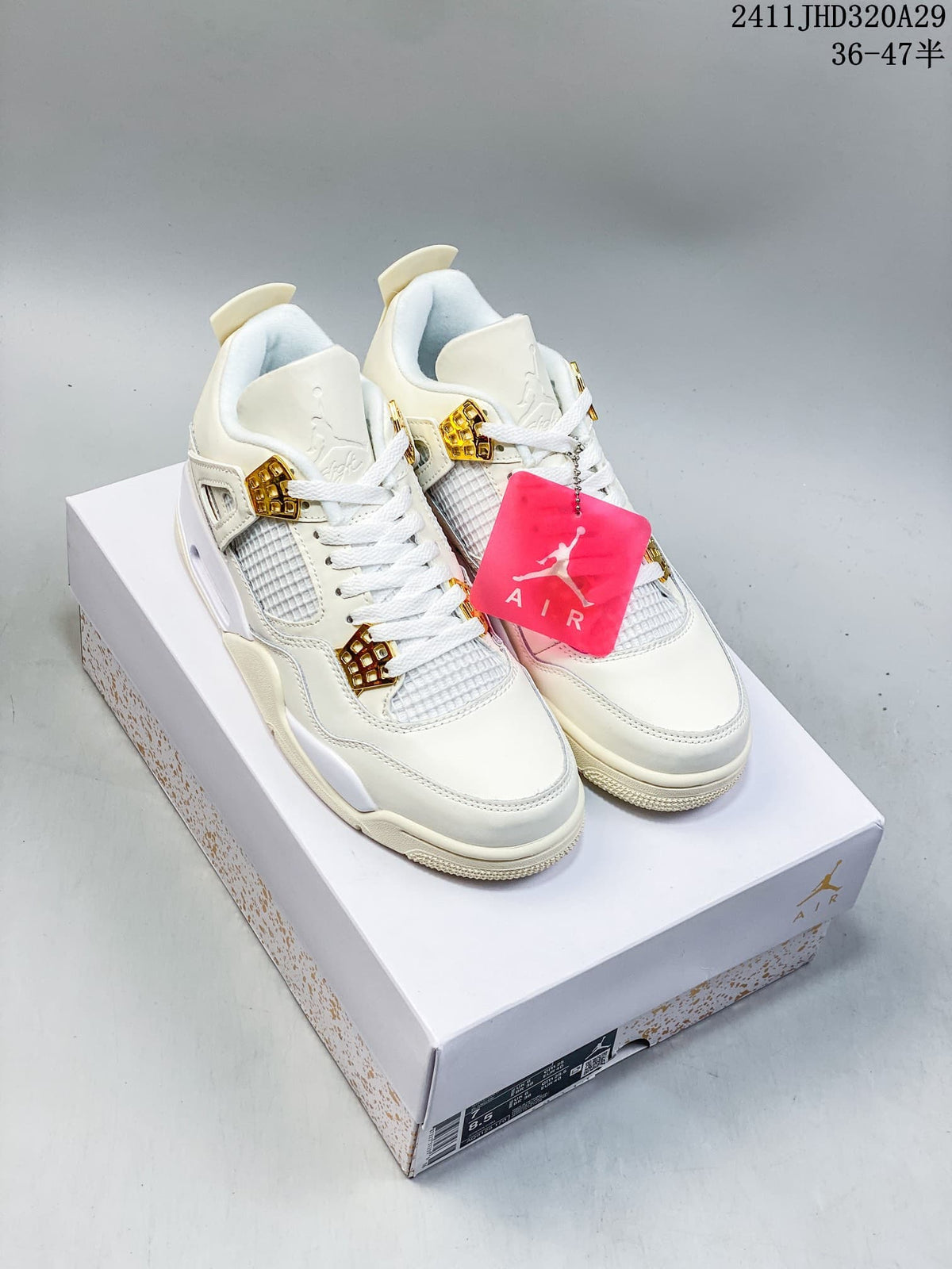 Pair of white and ivory Air Jordan 4-style sneakers with gold-tone lace hardware on a box; the box label shows a sample size.