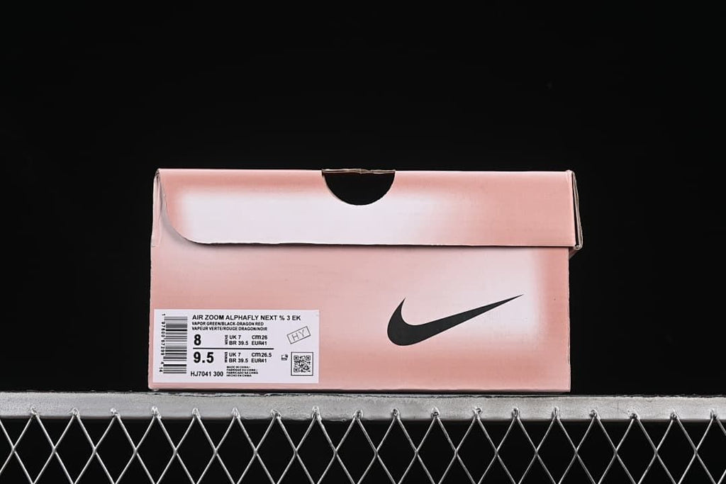 Shoe box label identifies Air Zoom Alphafly Next% 3 EK and shows sample size details