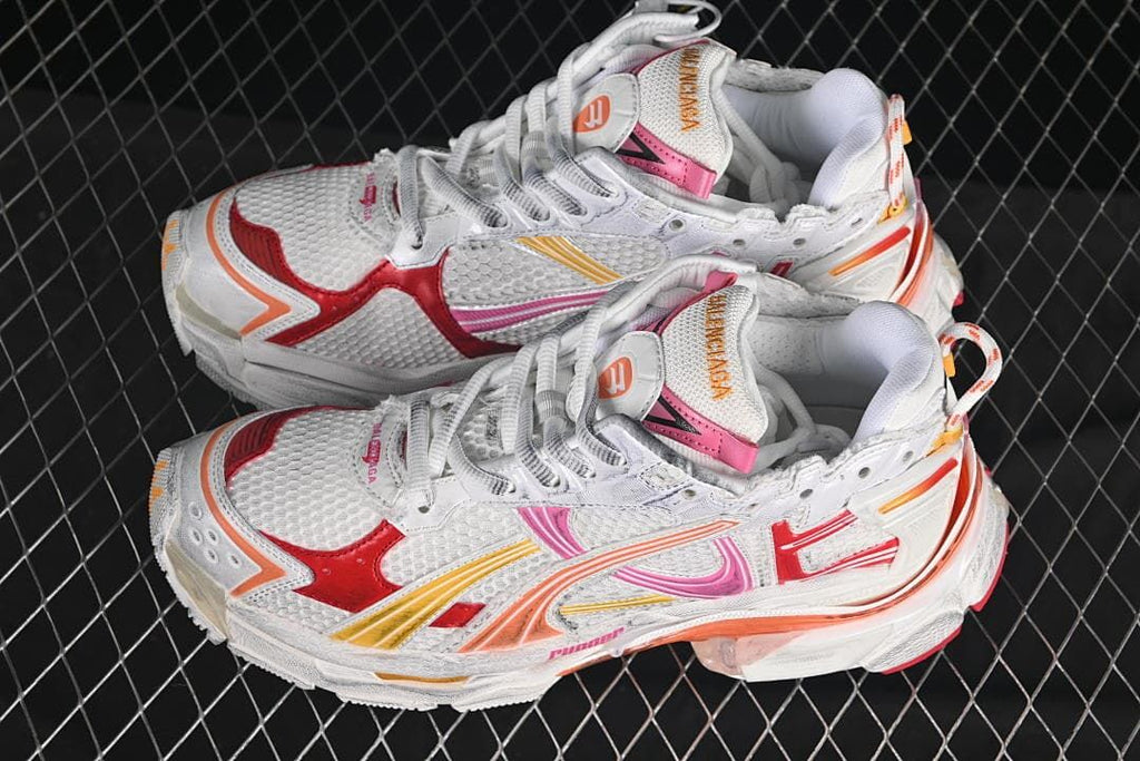 Pair of white multicolor sneakers viewed from above
