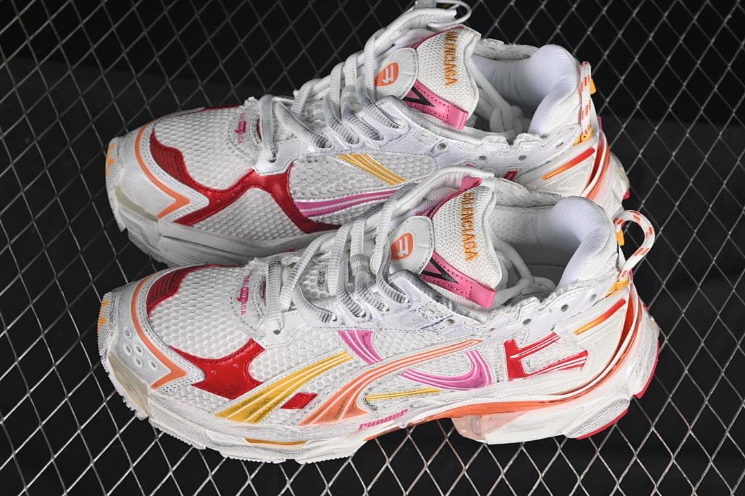 Pair of white multicolor sneakers viewed from above