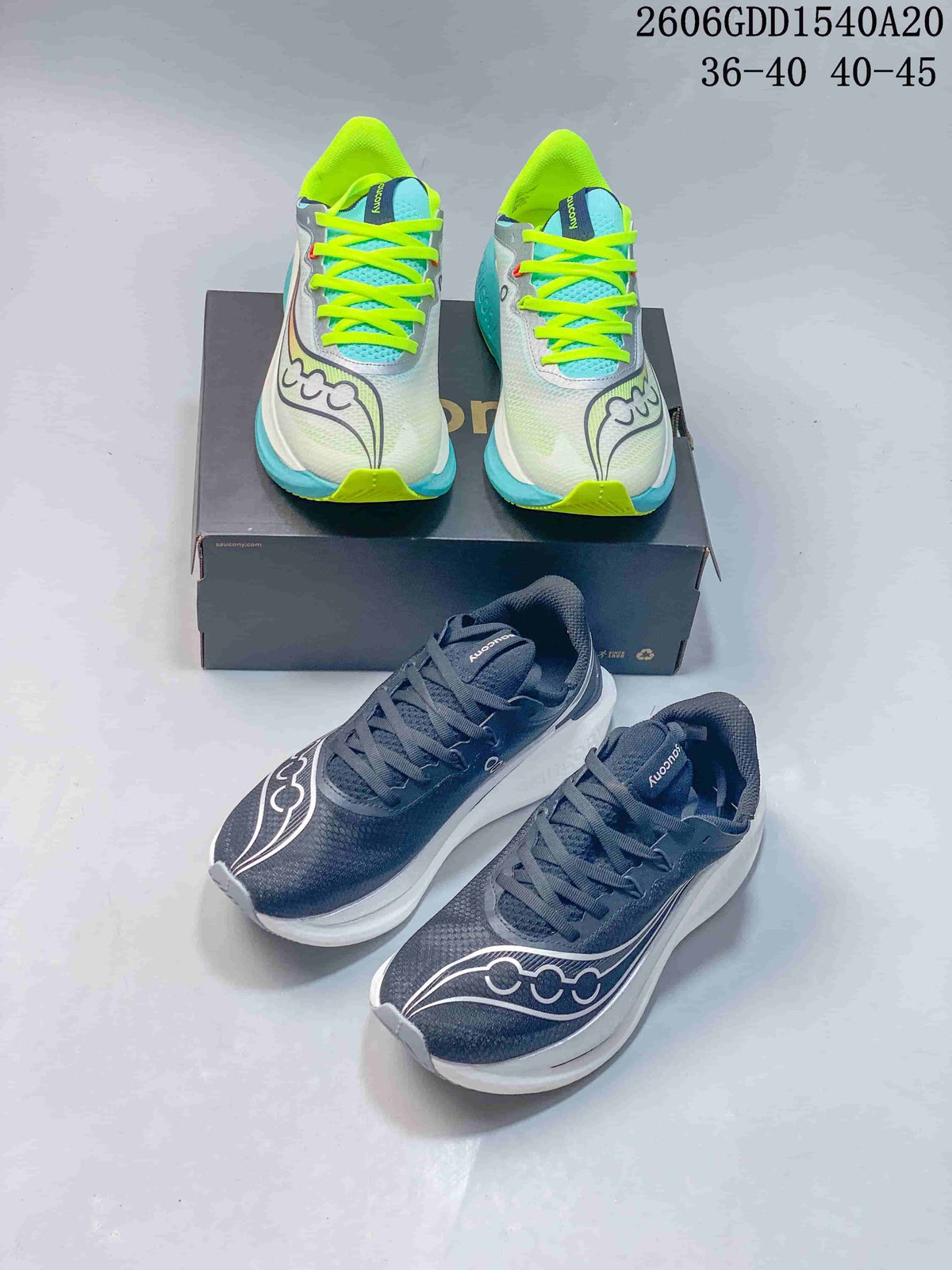Light and dark colorways of Saucony running shoes displayed together.