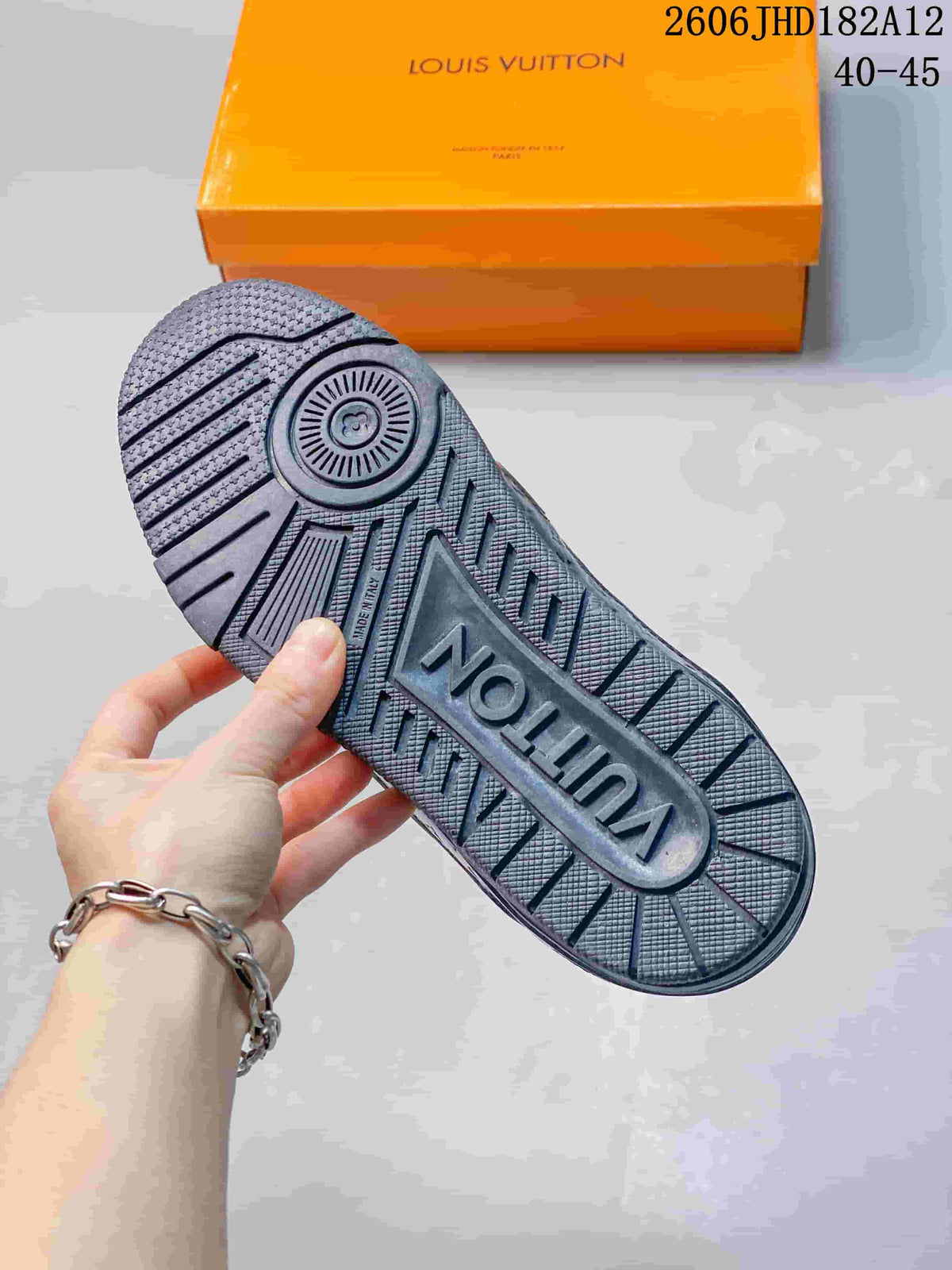 Outsole view of a dark navy Louis Vuitton Trainer sneaker