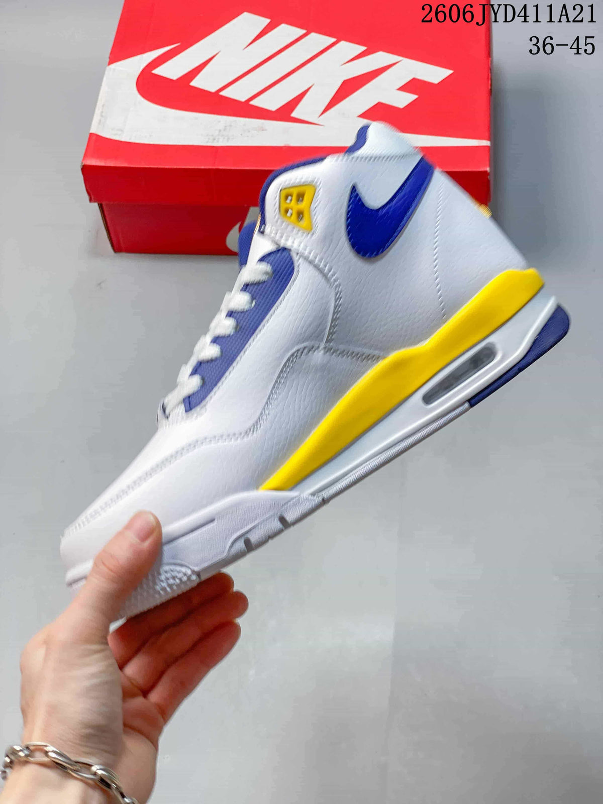 Side profile highlighting the blue swoosh, yellow midsole accent and visible heel cushioning window