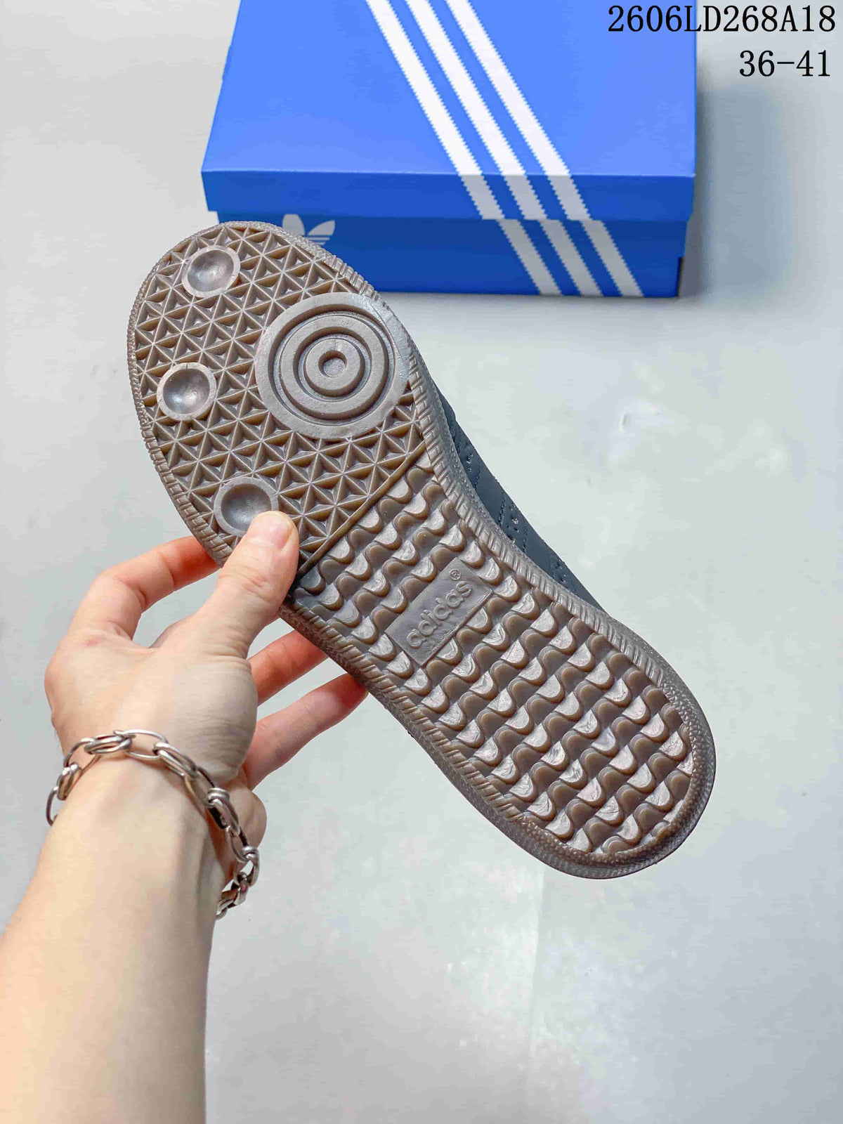 Close-up of the patterned gum-look outsole on an adidas Originals Samba Jane shoe