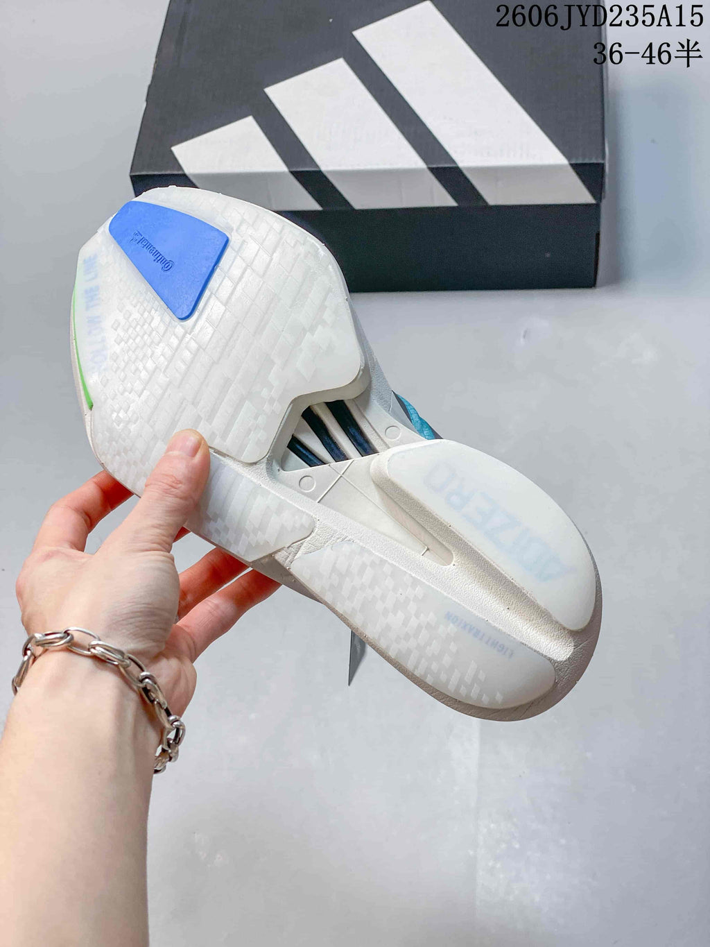 Close-up view of the patterned outsole and sole construction