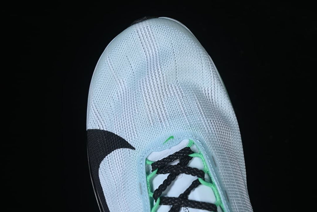 Top view of the knit-like pale blue toe and lacing
