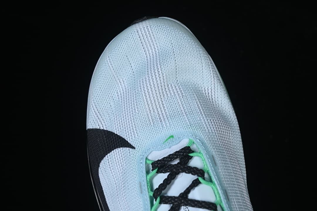 Top view of the knit-like pale blue toe and lacing