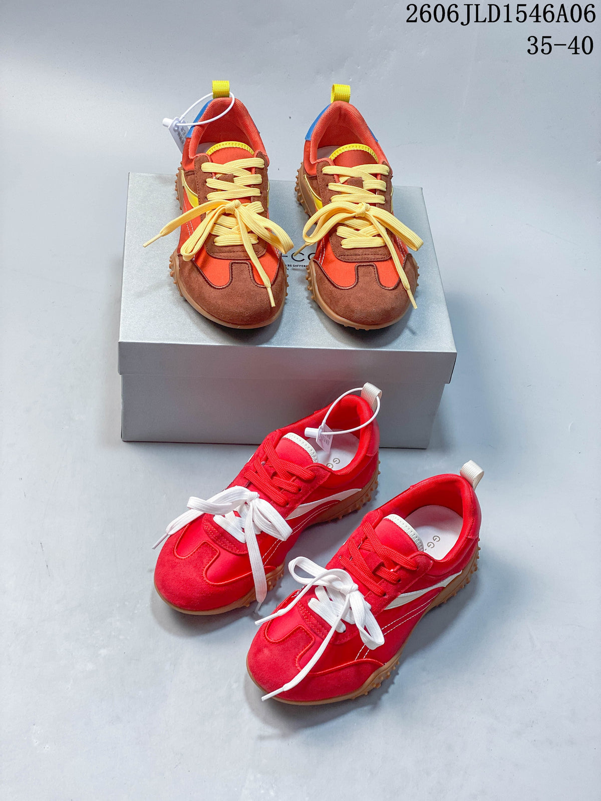 Two colorways of low-top sneakers in red and orange-brown, with contrasting laces and textured gum-colored outsoles