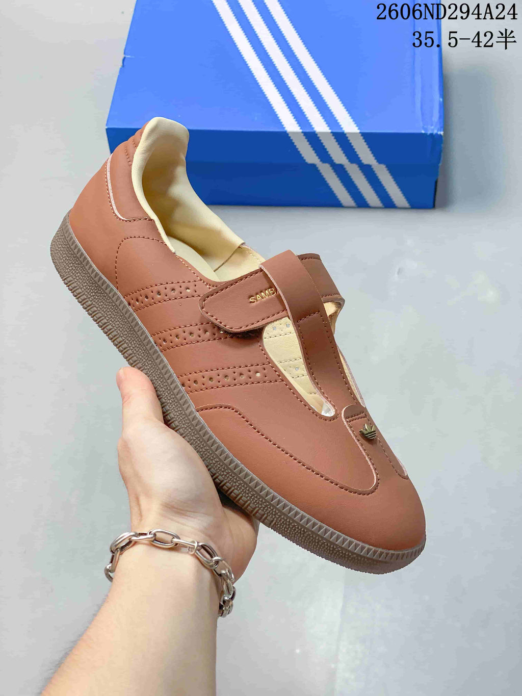Warm brown adidas Samba Jane Mary Jane sneaker with perforated detailing and strap closure