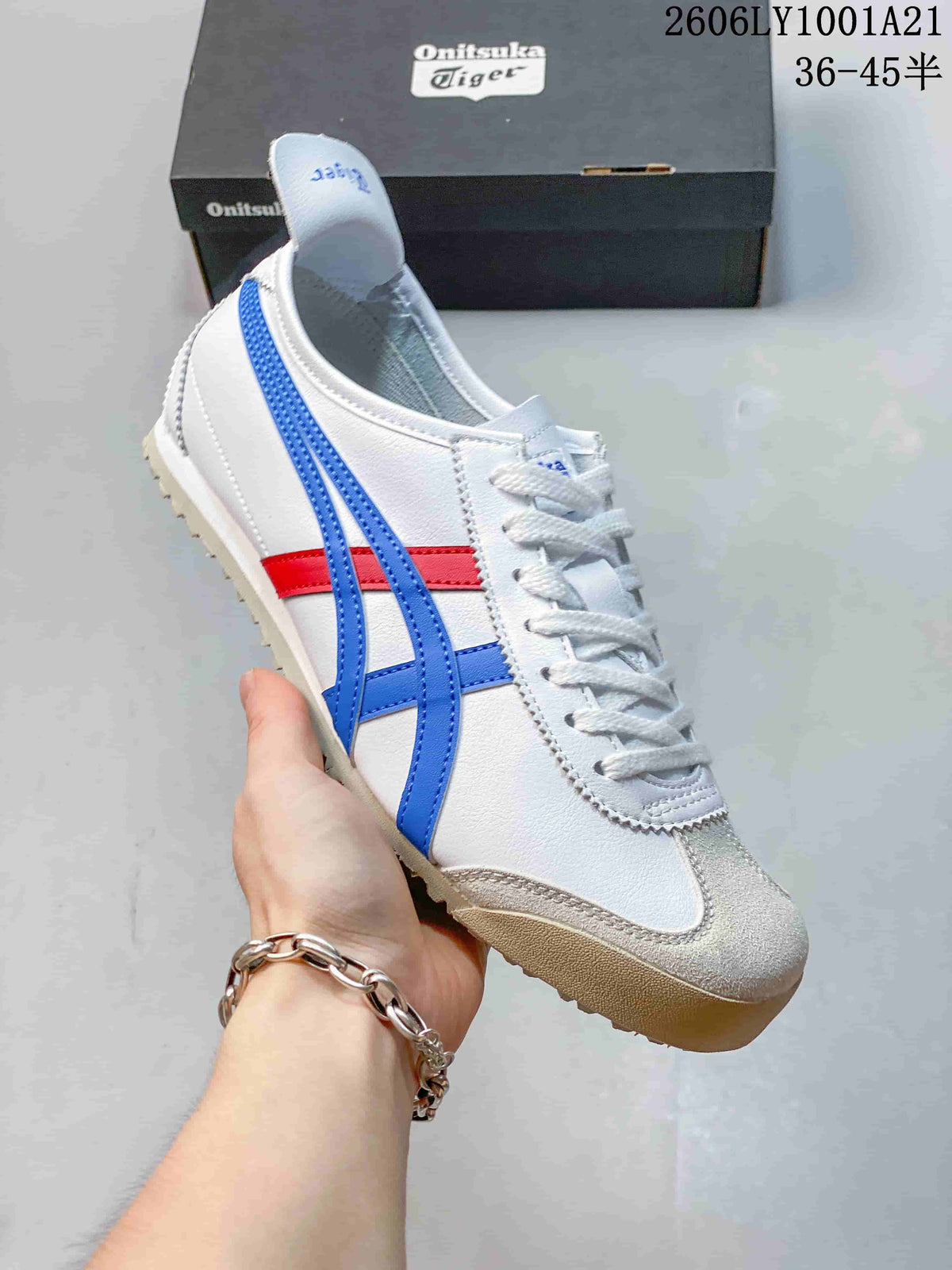 Angled side view of the Mexico 66 sneaker in white, blue, and red