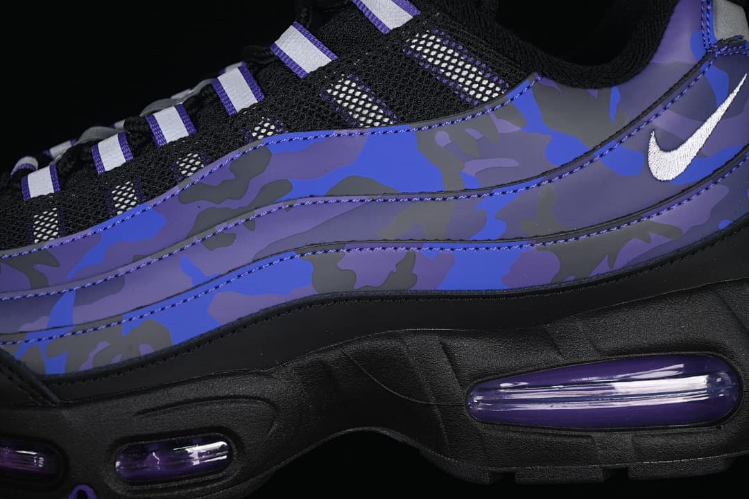 Close-up of the camouflage-style side panel, white swoosh, and purple-tinted sole windows