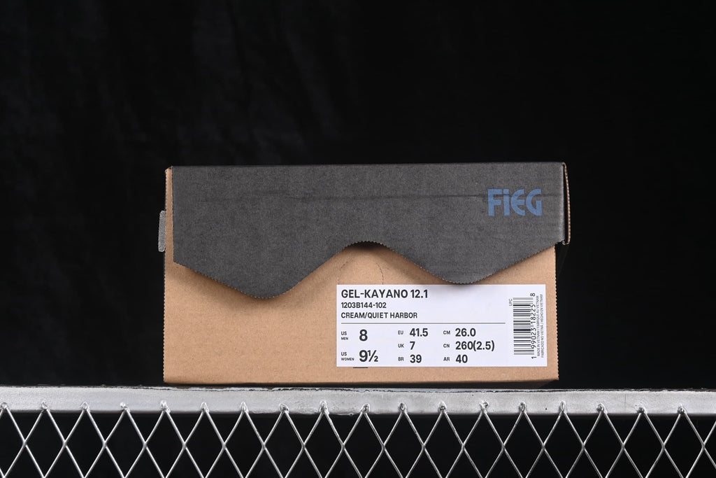 ASICS shoe box with a label identifying GEL-KAYANO 12.1, product code 1203B144-102, Cream/Quiet Harbor, and EU size 41.5.