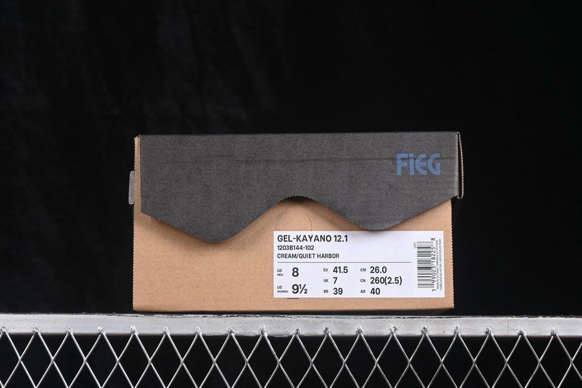 ASICS shoe box with a label identifying GEL-KAYANO 12.1, product code 1203B144-102, Cream/Quiet Harbor, and EU size 41.5.