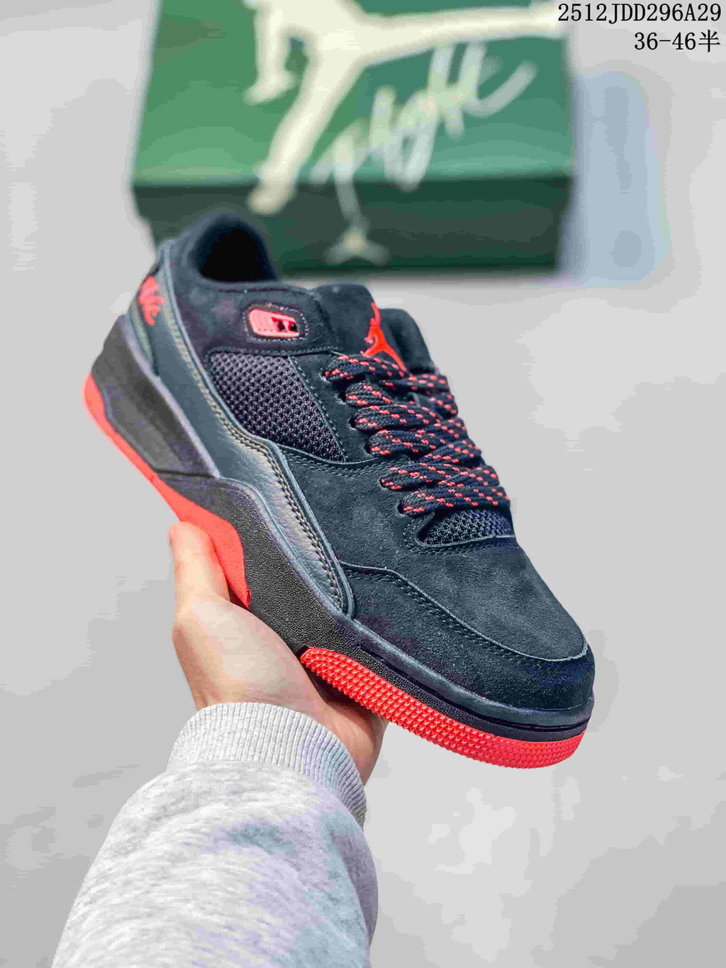 Angled side view of a black and red Jordan Flight Court sneaker
