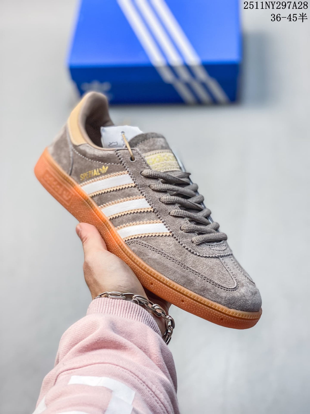 Taupe Adidas Spezial-style sneaker with white stripes and gum outsole