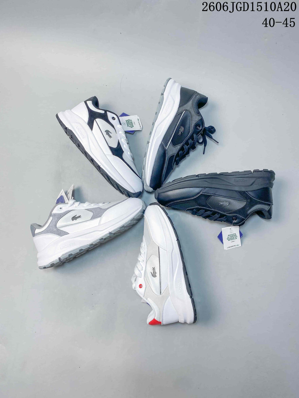 Several Lacoste low-top sneakers displayed in different color combinations