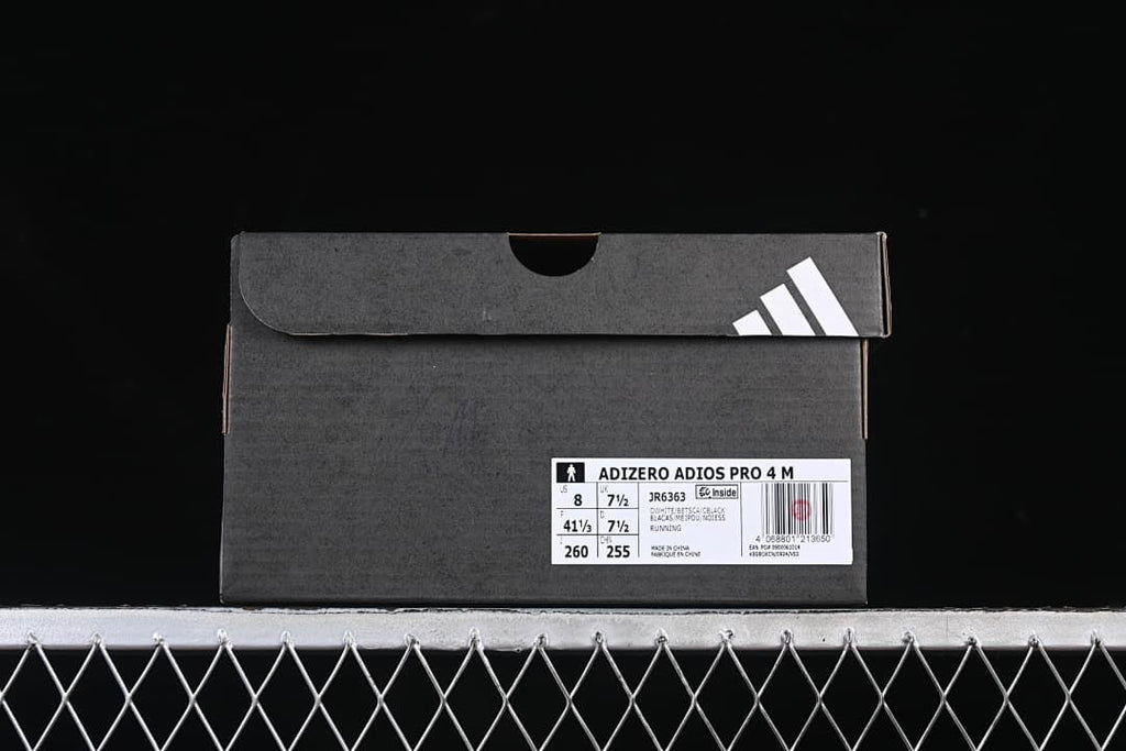 Shoe box label identifying Adizero Adios Pro 4 M and style code JR6363