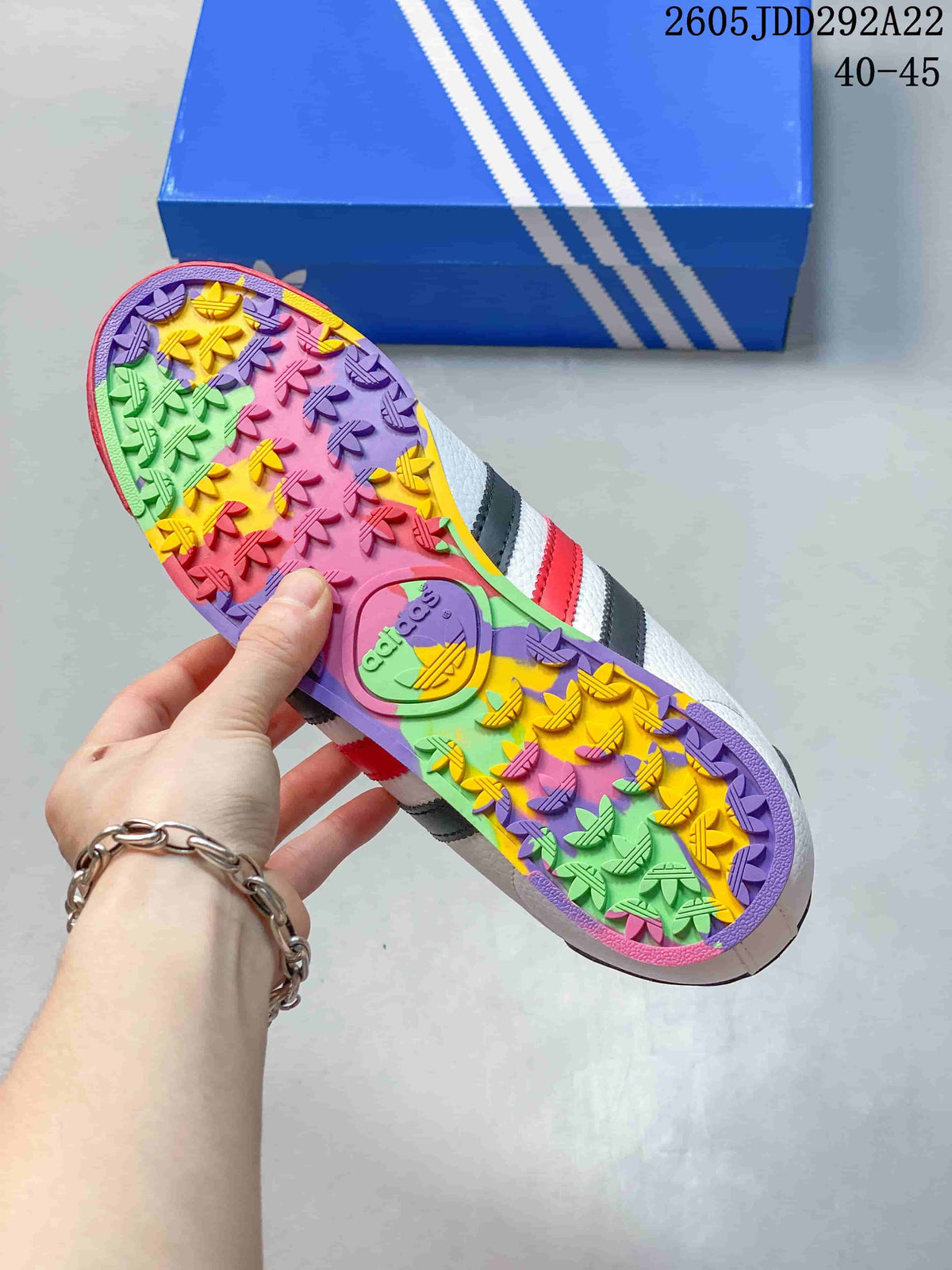 Close-up of the Samoa sneaker's multicolor patterned outsole.
