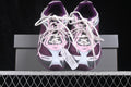 Pair of purple, pink, gray, and white Balenciaga Radar sneakers shown from the front with white laces.