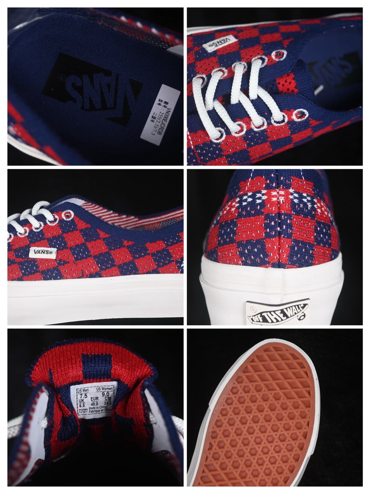 Detail collage showing the interior label, eyelets, Vans side label, heel patch, size label, and waffle-pattern outsole.