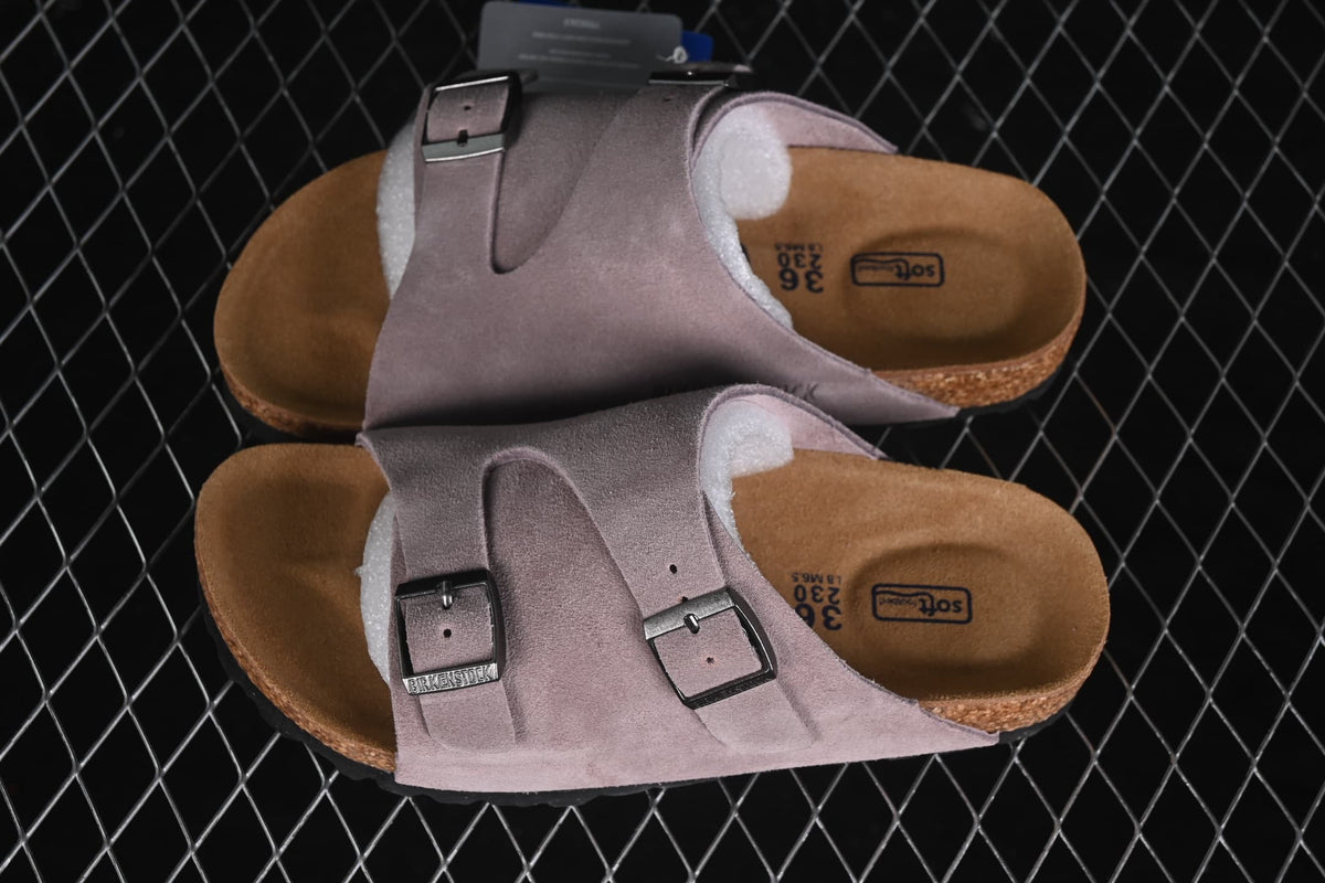 Top view of the lavender sandals showing two adjustable buckles and contoured footbeds.