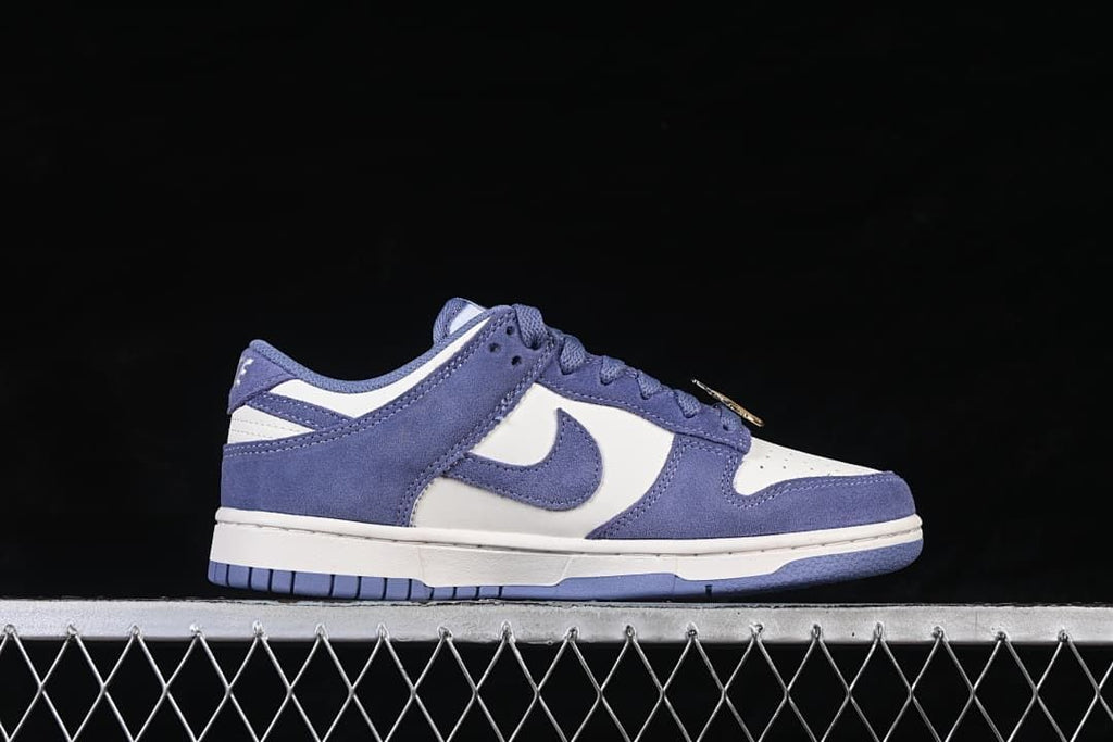 Side profile of the blue and white low-top sneaker