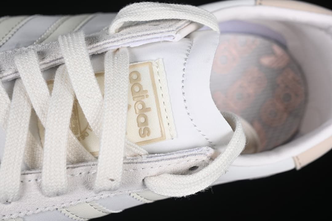 Top detail of the laces, tongue and patterned insole