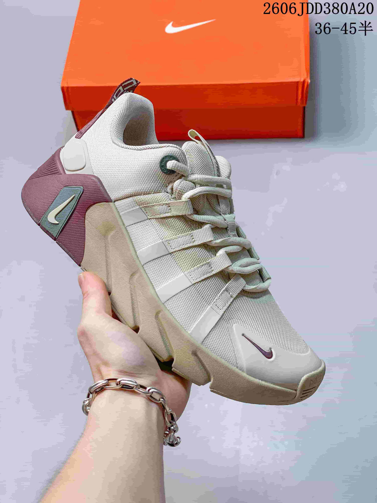 Light shoe with muted mauve and green-gray accents