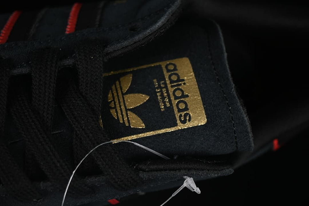 Close-up of the tongue label and black laces