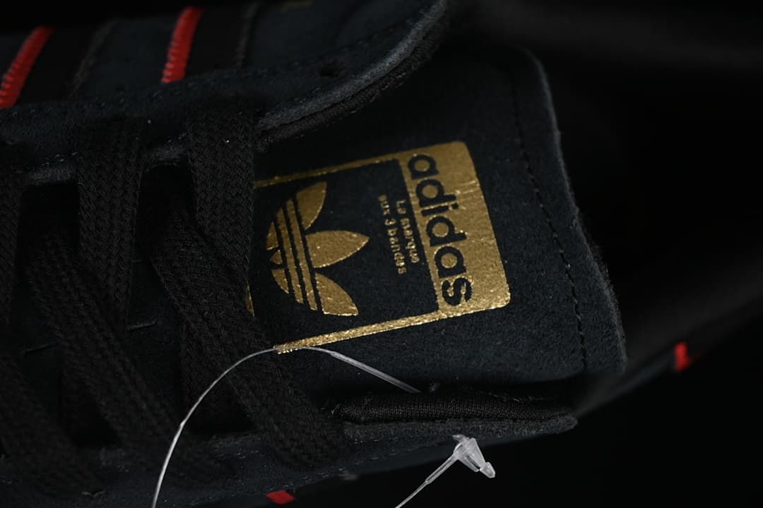 Close-up of the tongue label and black laces