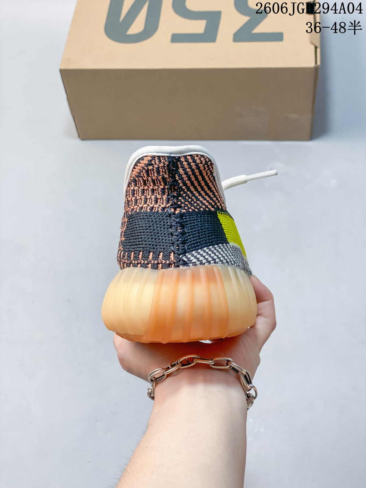 Rear view showing the patterned upper and translucent amber-toned sole