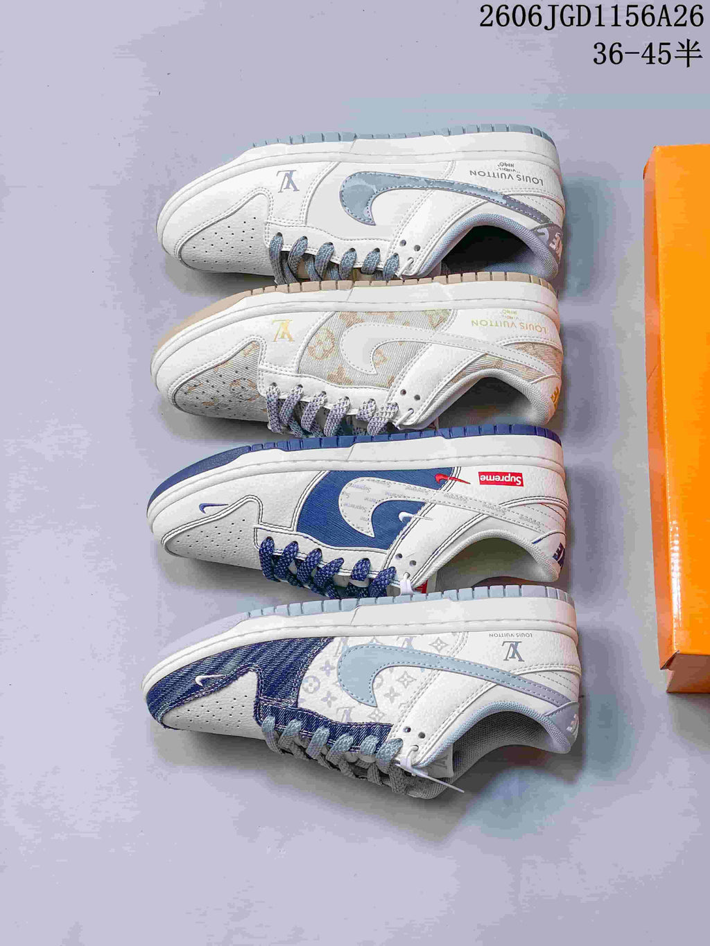Four low-top sneakers displayed side by side in blue, cream, and gray color variations