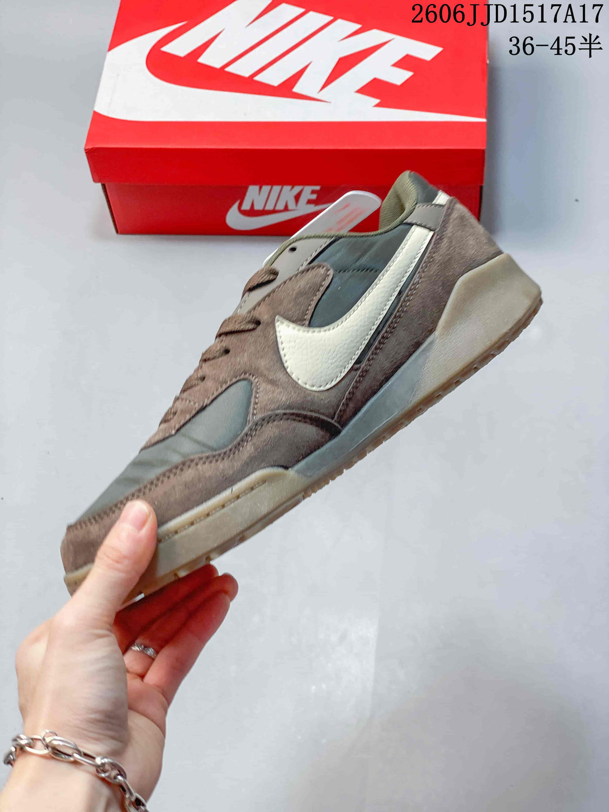 Side view of an olive and brown Nike Terra Manta sneaker with a cream side logo