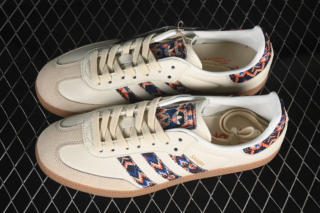 Pair of cream Samba OG sneakers with patterned stripes and heel panels