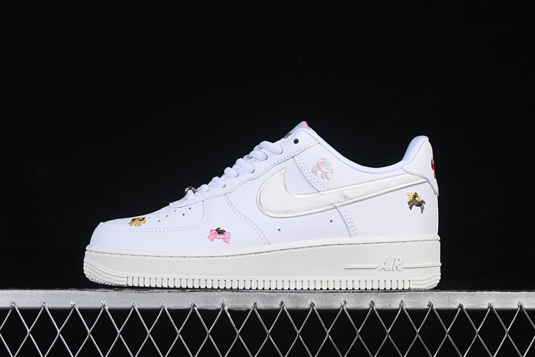 Opposite side view of the white low-top sneaker with horse embroidery and a light Swoosh.