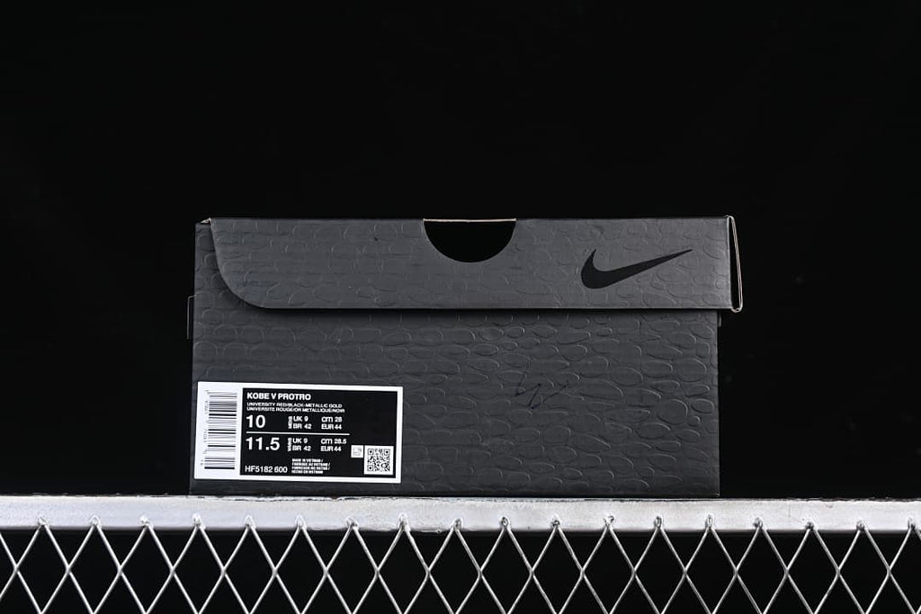 Shoe box label showing Kobe V Protro, colorway, style code, and sample sizes
