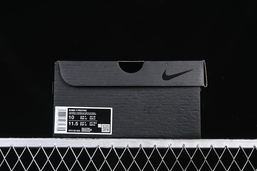 Shoe box label showing Kobe V Protro, colorway, style code, and sample sizes