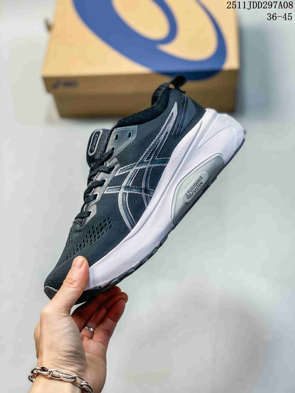Side view of the dark gray ASICS shoe with white side stripes and a white midsole.