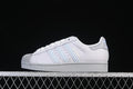 Side view of a white adidas Superstar II sneaker with pale blue patterned stripes and a grey sole.