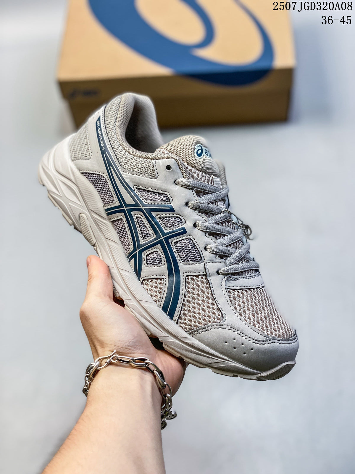 Angled side view of the gray ASICS Gel-Contend 4 running shoe