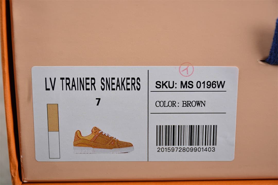 Shoe box label reading LV Trainer Sneakers, SKU MS 0196W, color Brown, size 7