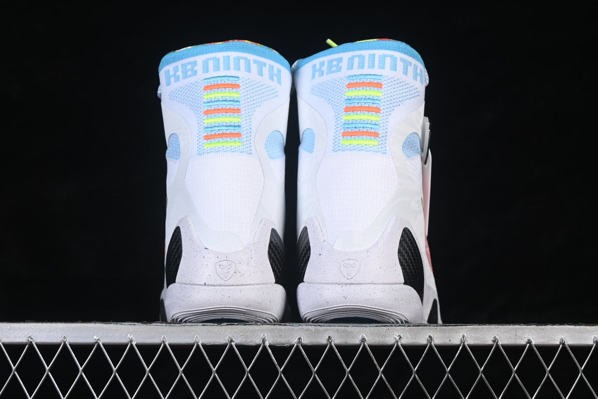 Rear view of the pair showing multicolor heel accents and high collars.