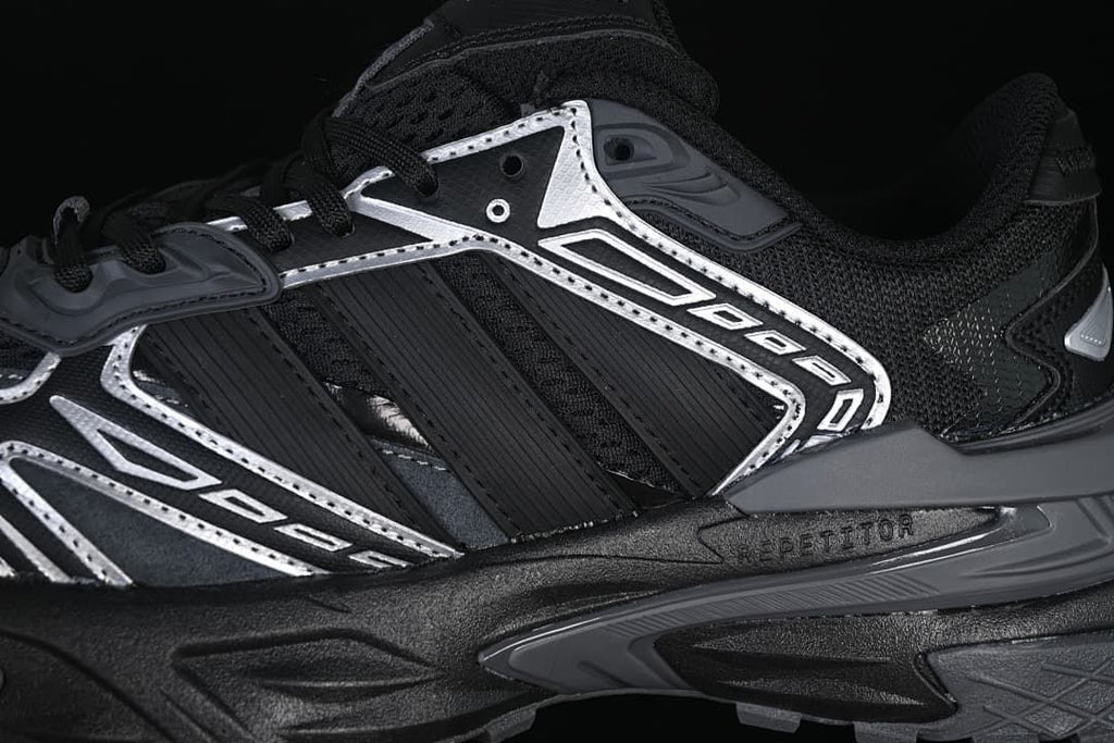 Close-up of mesh panels, side overlays and chunky midsole