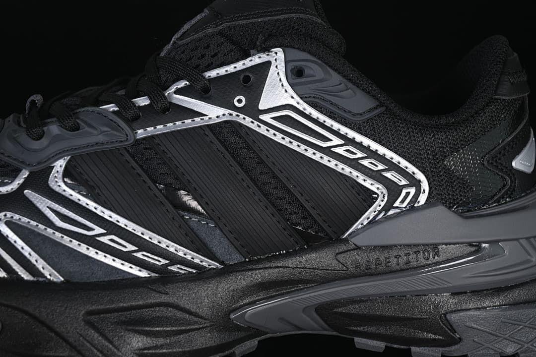 Close-up of mesh panels, side overlays and chunky midsole